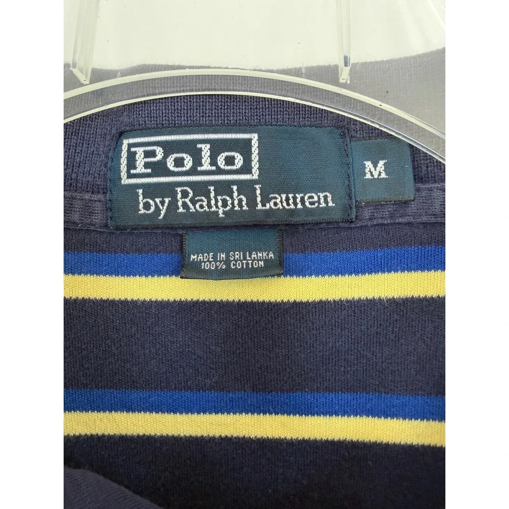 Polo Ralph Lauren Mens Medium Navy Blue Yellow Striped Short Sleeve Polo Shirt